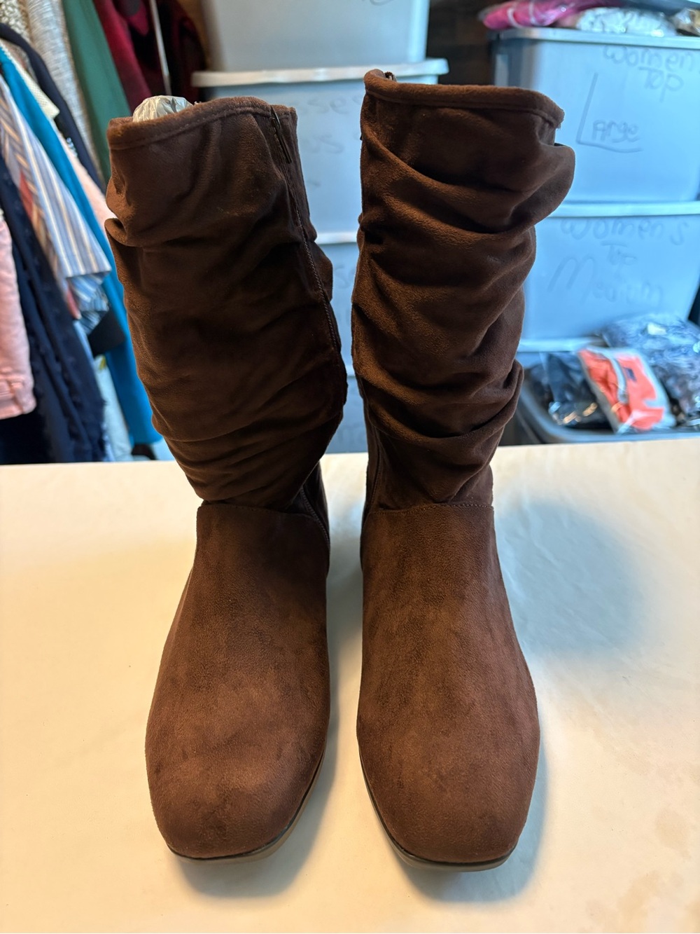 comfortview Brown Suede Slouchy Mid-Calf Heeled Boots
